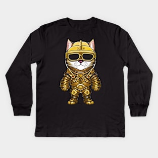 Cute Cartoon Cat Knight in Full Armor for Fantasy Lovers Kids Long Sleeve T-Shirt